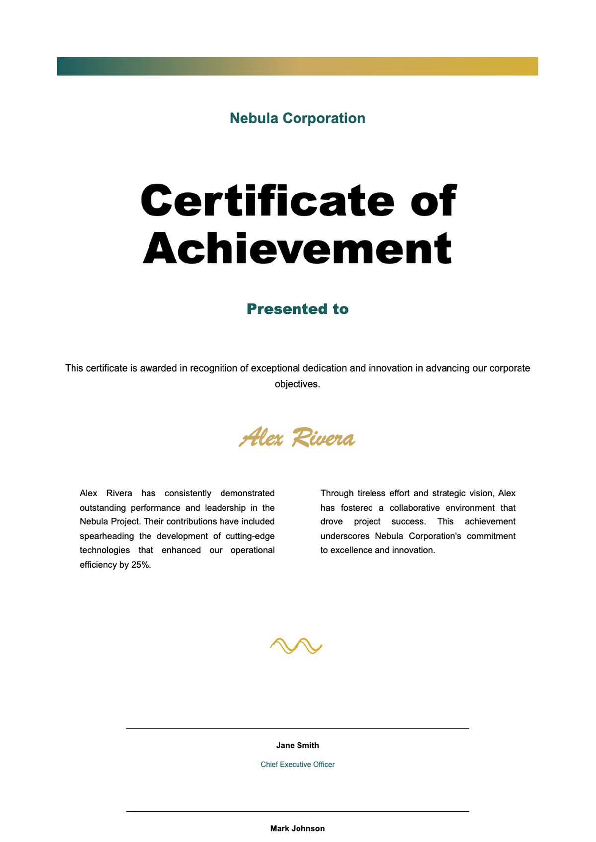 Corporate achievement certificate with green and gold border and signatures_variant_1